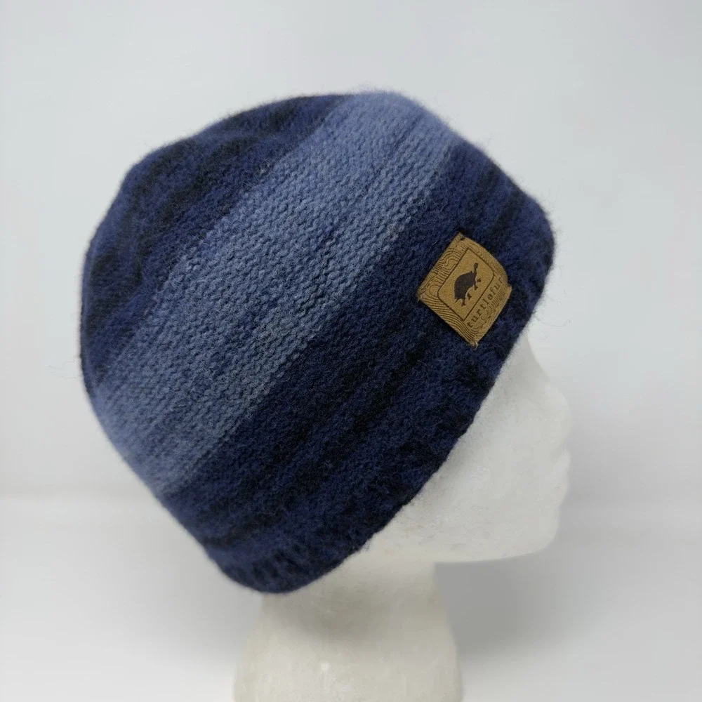 Turtle‎ Fur Blue Stipe Knit Lambswool Blend Winter Beanie Fleece Lined